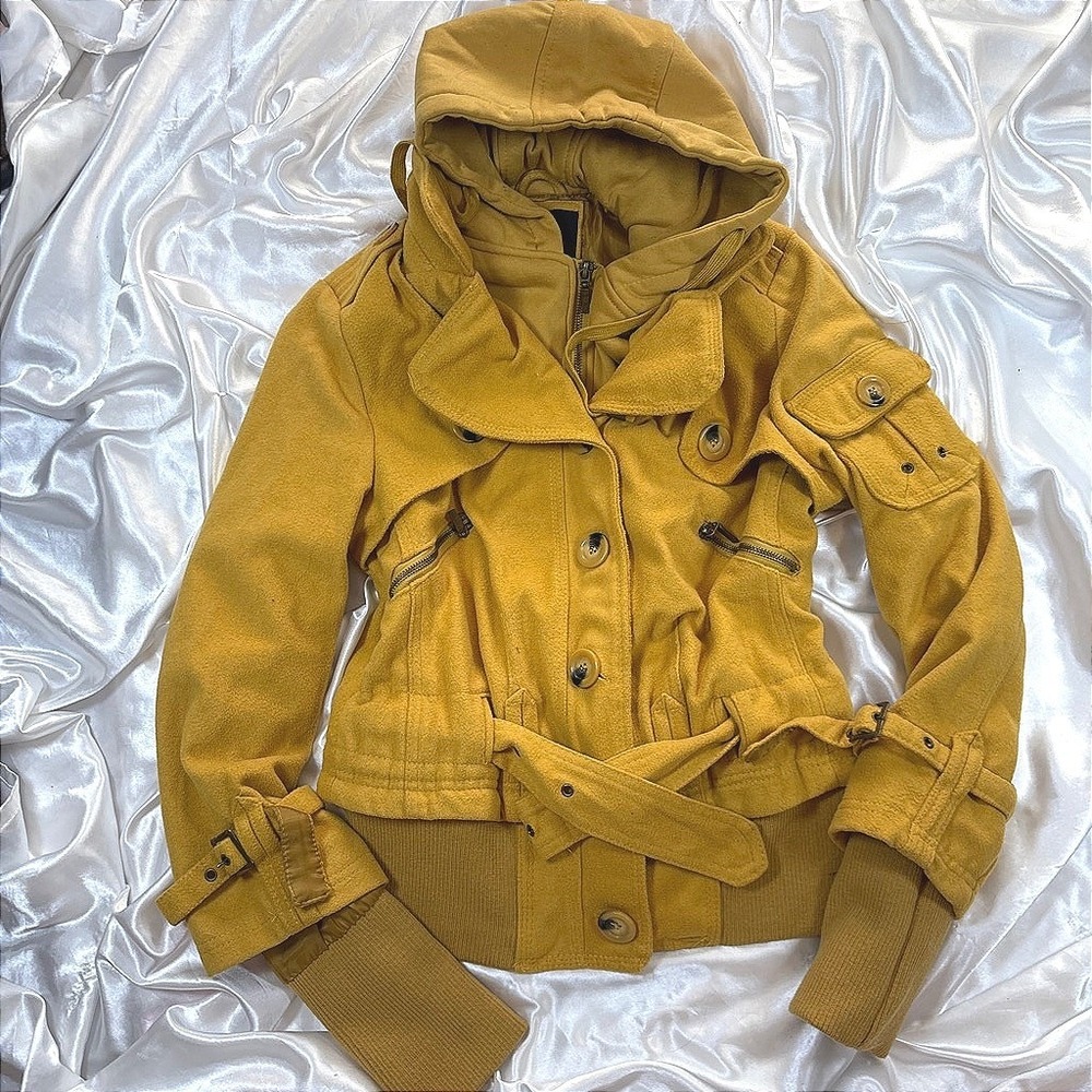 y2k Yoki Bomber Jacket Yellow Excellent Hooded Belted Utility Wool Blend L